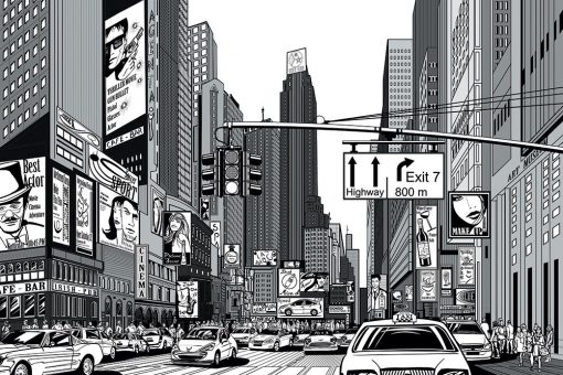 czarno-biała fototapeta z komiksowym miastem