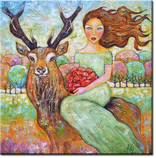 obraz piękna kobieta i jeleń