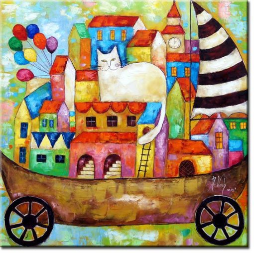 obraz jak malowany kotek i łódka