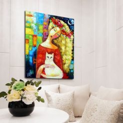 obraz z dziewczyną i białym kotem