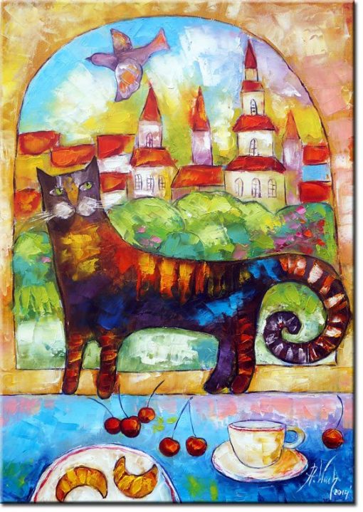 plakat z malarstwem kot w oknie