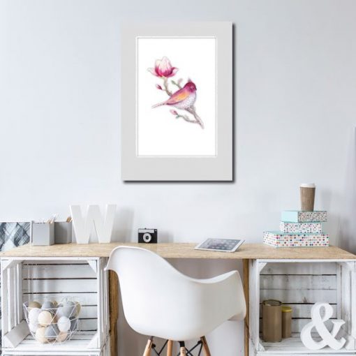 plakat z motywem ptaszka i magnolii