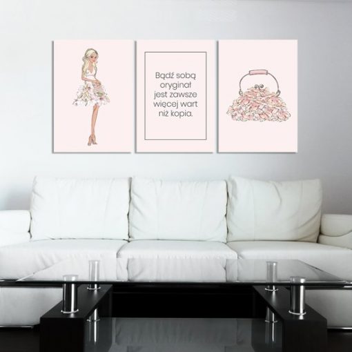 plakat różowy tryptyk do salonu