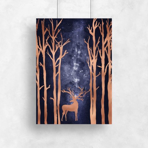 plakat z jeleniem w lesie