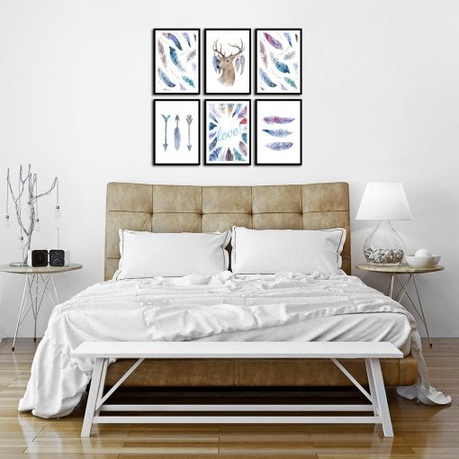 Galeria plakatów z niebieskimi piórami do ozdoby sypialni