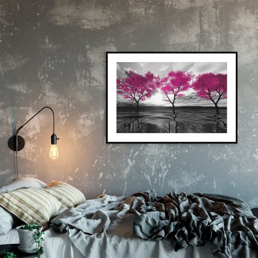 plakat różowe drzewa w sypialni
