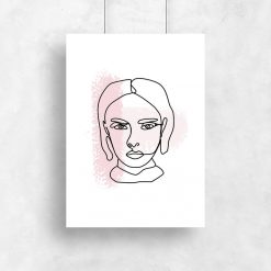 plakat szkic kobiecej twarzy i różowe smugi