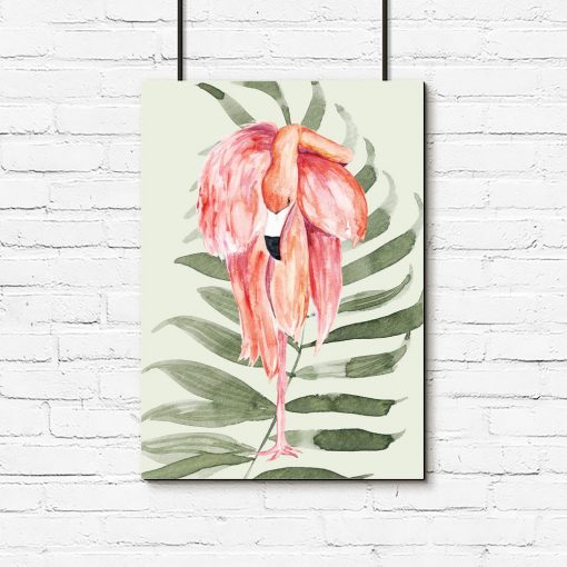 plakat z różowym flamingiem na zielonym tle