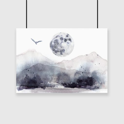 plakat z górami, księżycem i ptakiem