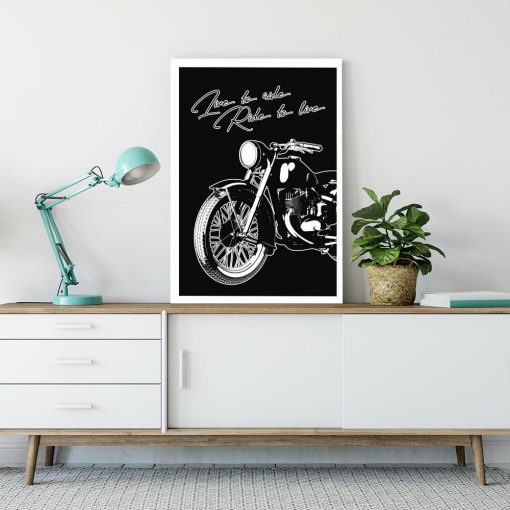 plakat czarno-biały z motocyklem