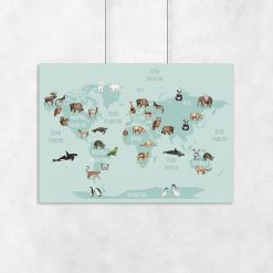 mapa świata i zwierzęta na plakacie