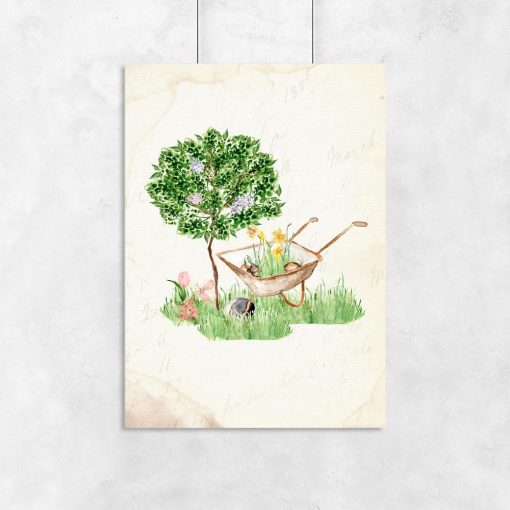 beżowy plakat drzewo i taczka