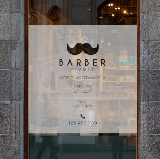 Naklejka na szybę barber godziny otwarcia i logo