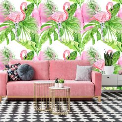 Flamingi i tropikalne liście na tapecie