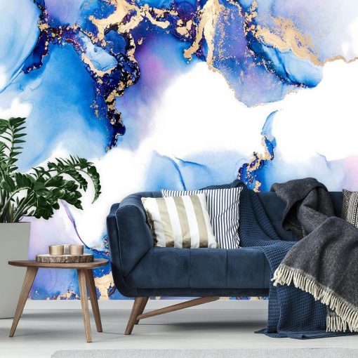 tapeta abstrakcyjna do salonu z plamami niebieskimi