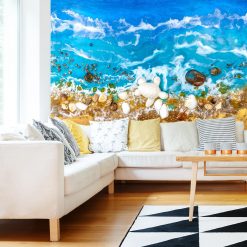 Dekoracja do salonu fototapeta turkusowo niebieskie morze z muszelkami