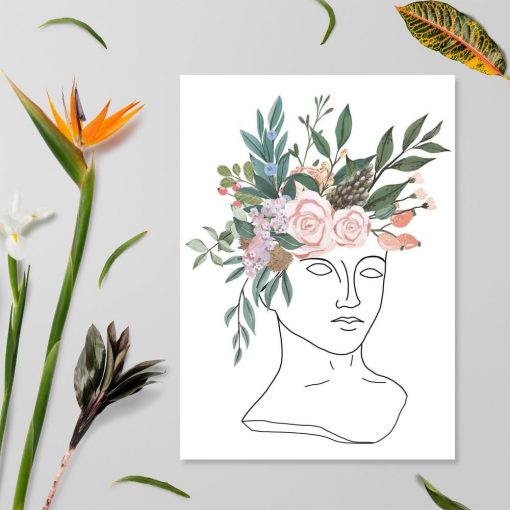 plakat z kobietą z kwiatami w głowie