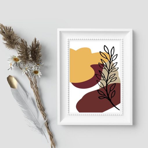 Plakat abstrakcyjnymi kleksami i rośliną