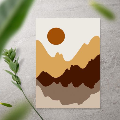Plakat górski pejzaż i zachód słońca