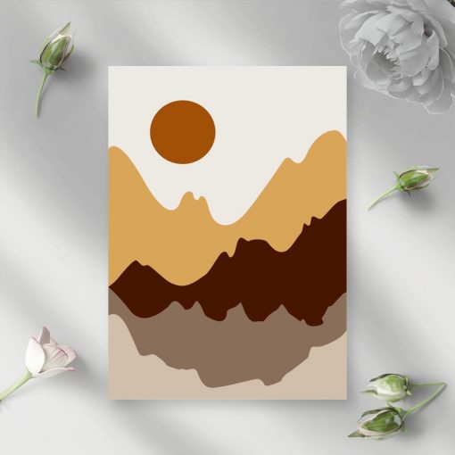 Plakat zachód słońca nad górskimi dolinami