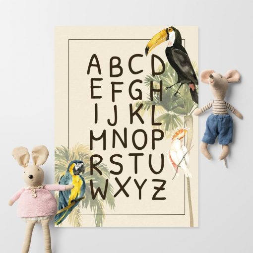 edukacyjny plakat z literkami i papugą