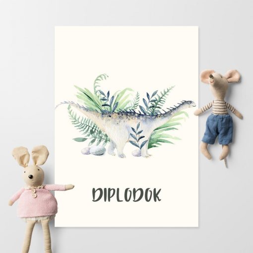 Plakat dla dziecka - Dinozaur z roślinami