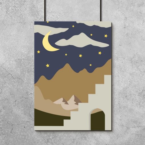 Plakat z księżycem i gwiazdami nad górami
