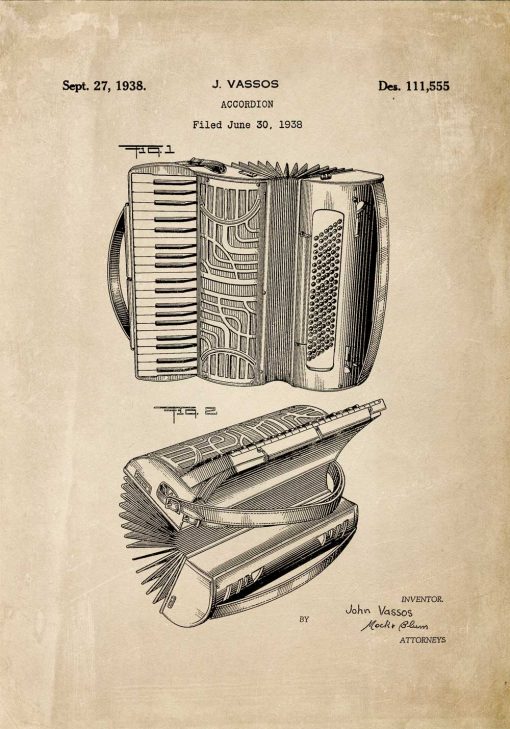 Plakat vintage z zabytkowym akordeonem