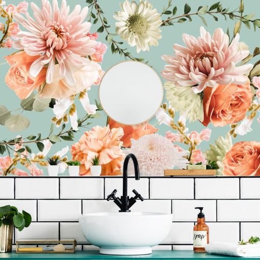 Finezyjna tapeta z różowymi kwiatami do łazienki