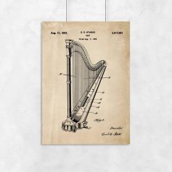 Plakat w sepii z motywem patentu na harfę