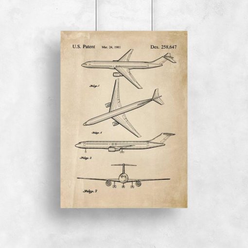 Plakat z rysunkiem patentowym samolotu pasażerskiego dla chłopca