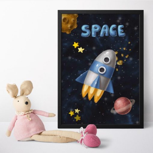 Plakat dla dzieci przestrzeń kosmiczna i rakieta
