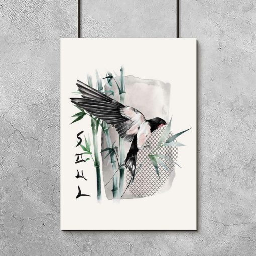 Plakat z bambusem i ptaszkiem