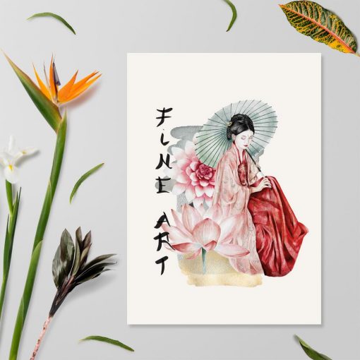 Plakat z gejszą i kwiatem lotosu