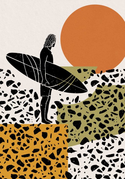Plakat surfer na plaży z deską surfingową