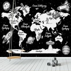 Fototapeta mapa świata i rakiety do dekoracji przedszkola