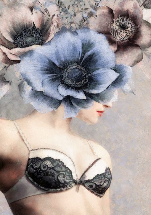 Plakat kobieta w bieliźnie i niebieski kwiat do ramki