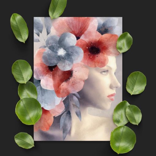 Plakat pastelowy z dziewczyną w kwiatowym stroiku