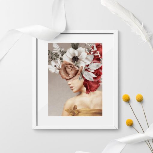 Plakat z kobietą i motywem kwiatowym
