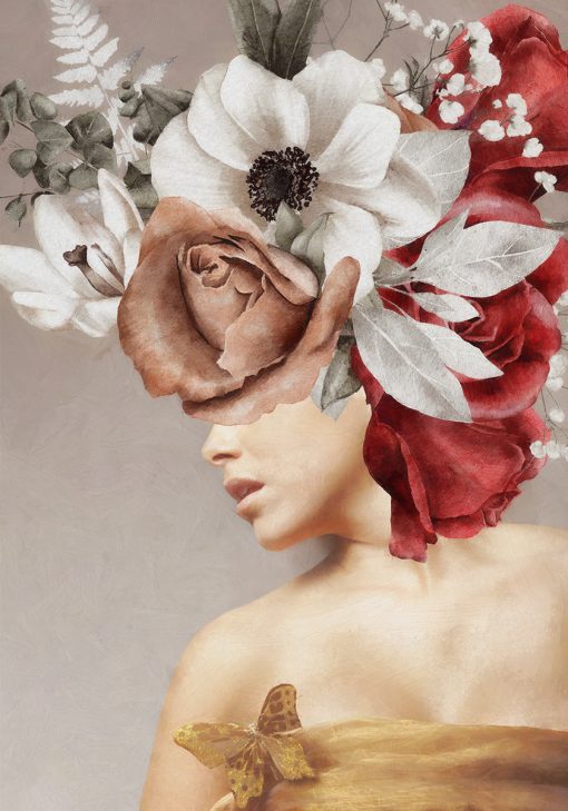 Plakat z postacią kobiety i kwiatami