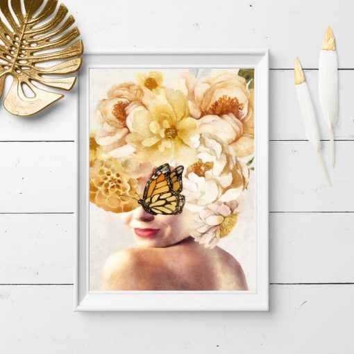 Plakat z żółtym motylem i kwiatami