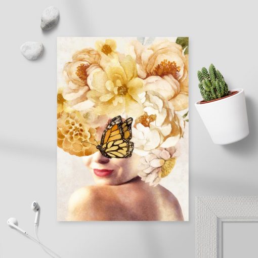 Plakat z żółtymi kwiatami i motylem