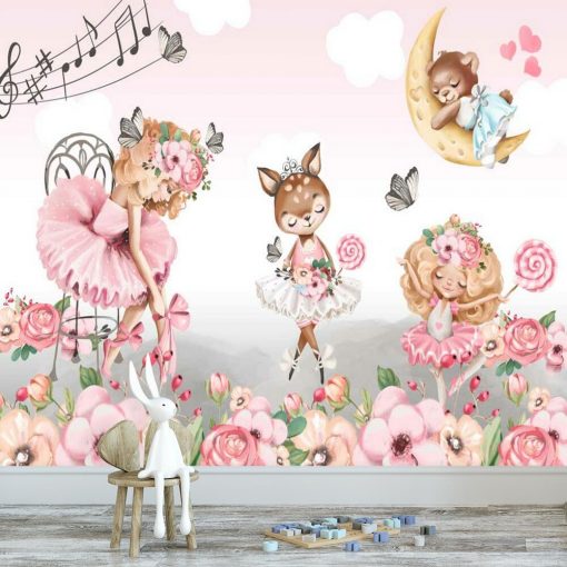 Tapeta z dziewczynkami i zwierzątkami w rózowym kolorze