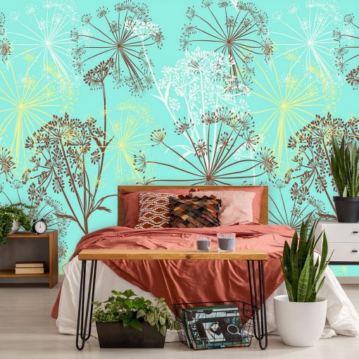 Foto-tapeta do sypialni z turkusowymi kwiatami