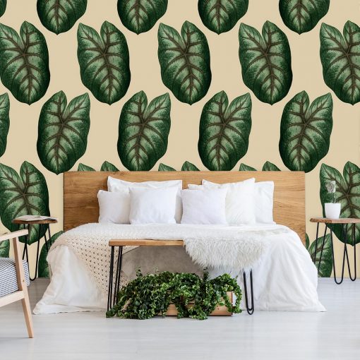 Tapeta z motywem liści pnącej rośliny do dekoracji sypialni