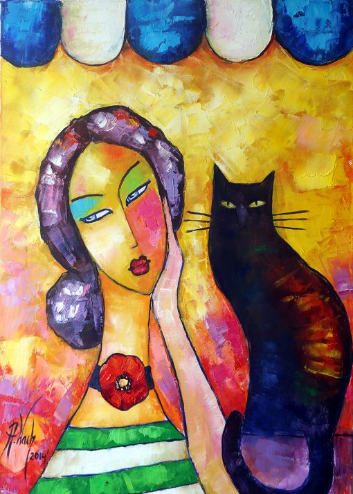 Obraz z czarnym kotem i dziewczyną