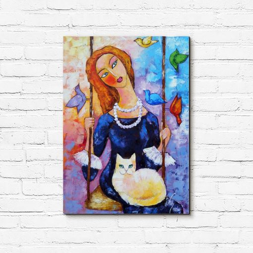 Obraz z dziewczyną i kotem na huśtawce