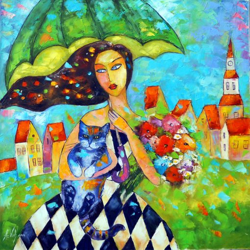Obraz z dziewczyną i kotem pod parasolem