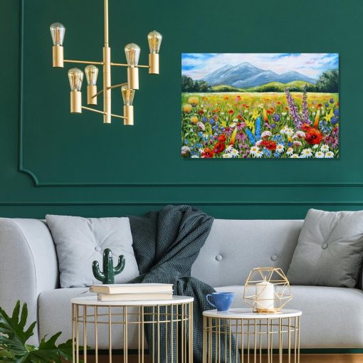 Replika obrazu z górskim pejzażem i kwiatami