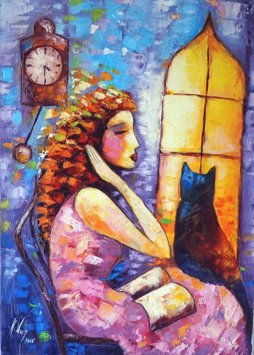 Obraz z dziewczyną i kotem pod wiszącym zegarem